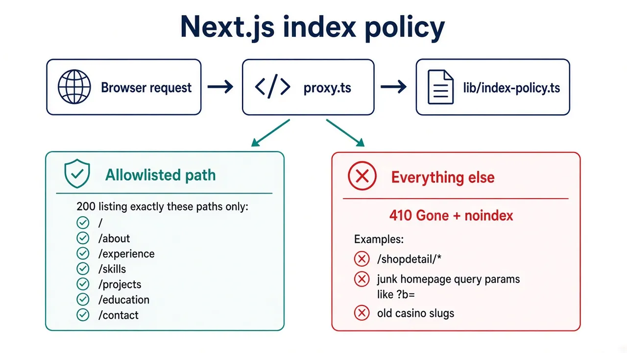 Next.js proxy + index-policy: only the seven portfolio routes return 200; everything else returns 410 Gone with noindex.