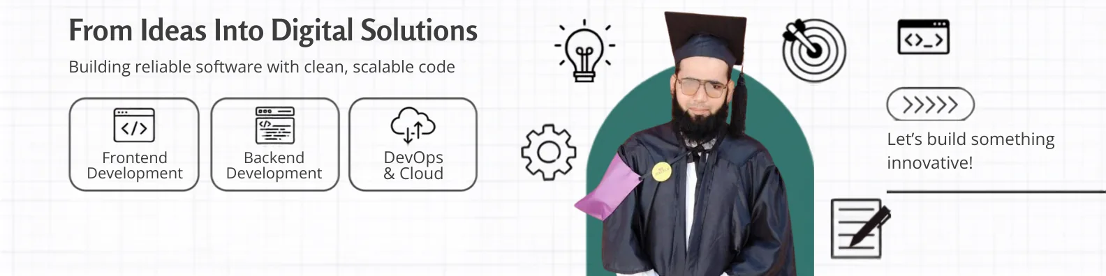 Zubair Akhtar cover banner — From Ideas Into Digital Solutions with Frontend, Backend, and DevOps icons